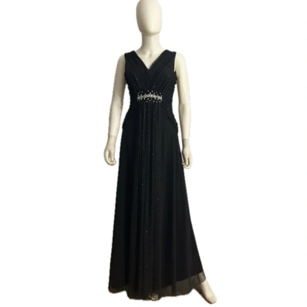 NWT A-Line Formal Maxi Dress‎ Sleeveless V-Neck Tulle Beaded Evening Gown Black